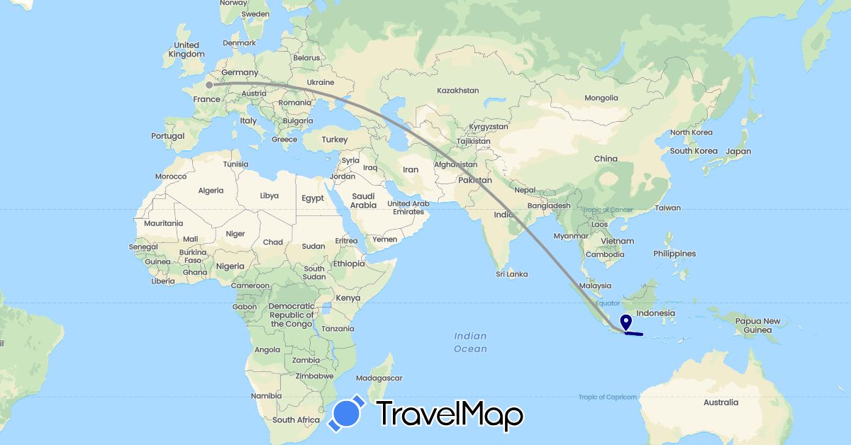 TravelMap itinerary: driving, plane, train in France, Indonesia (Asia, Europe)